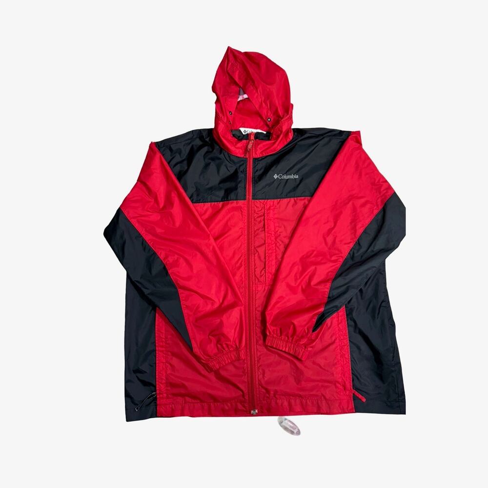 Columbia Mens XL Red Black Colorblock Hooded Full Zip Windbreaker Jacket